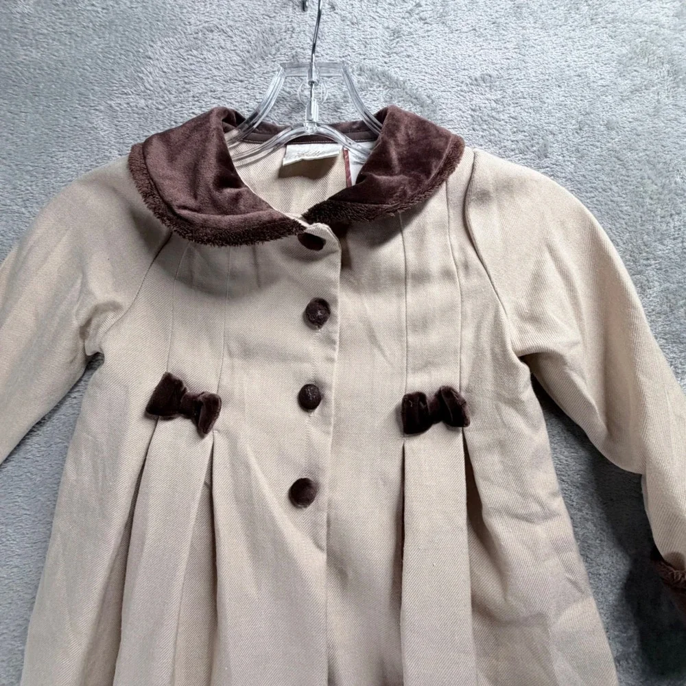 Little Bitty Girls Dress Coat 4T Velvet Trim Holiday Princess Jacket Beige Brown